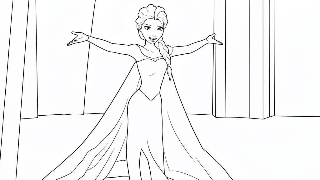 Elsa im Kleid mit Umhang – kostenlose Malvorlage zum Ausdrucken