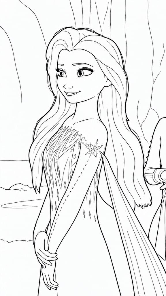 Elsa im weißen Kleid – kostenlose Malvorlage zum Ausdrucken