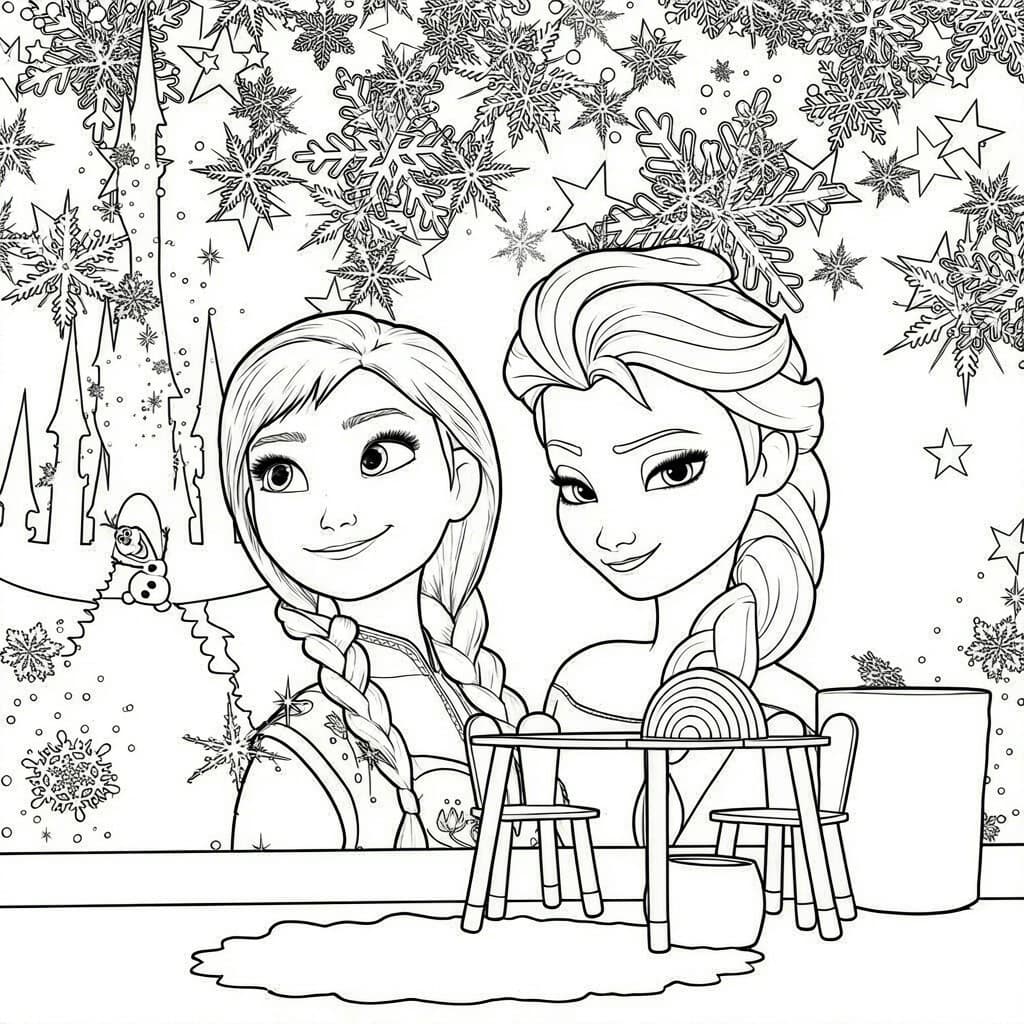 Elsa und Anna im Schnee – kostenlose Malvorlage zum Ausdrucken