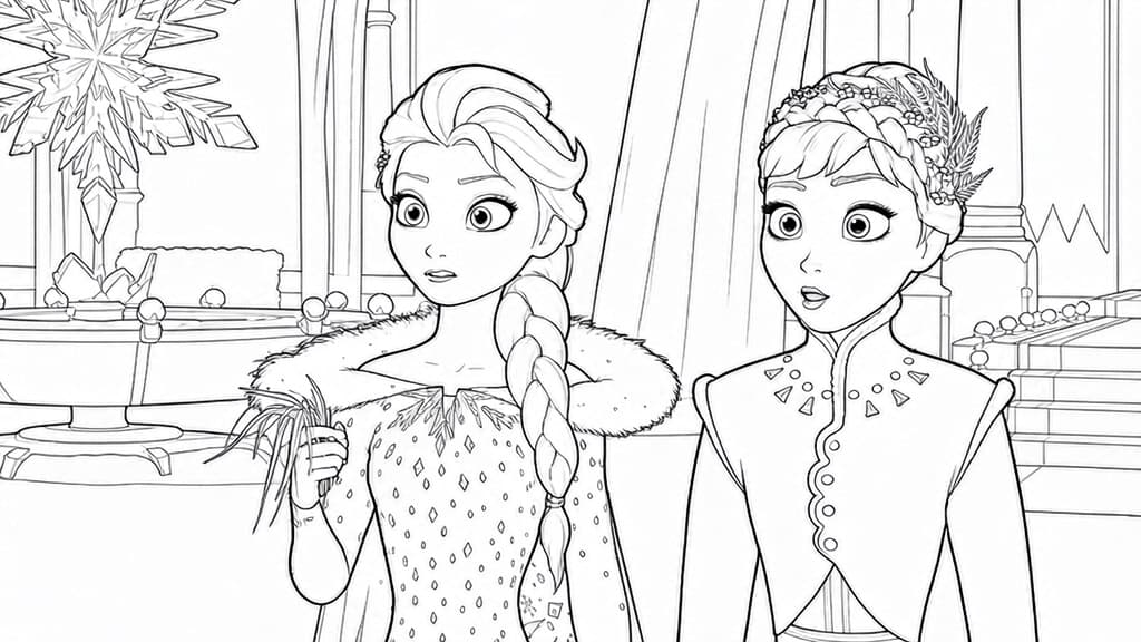 Elsa und Anna in Die Eiskönigin 2 – kostenlose Malvorlage zum Ausdrucken