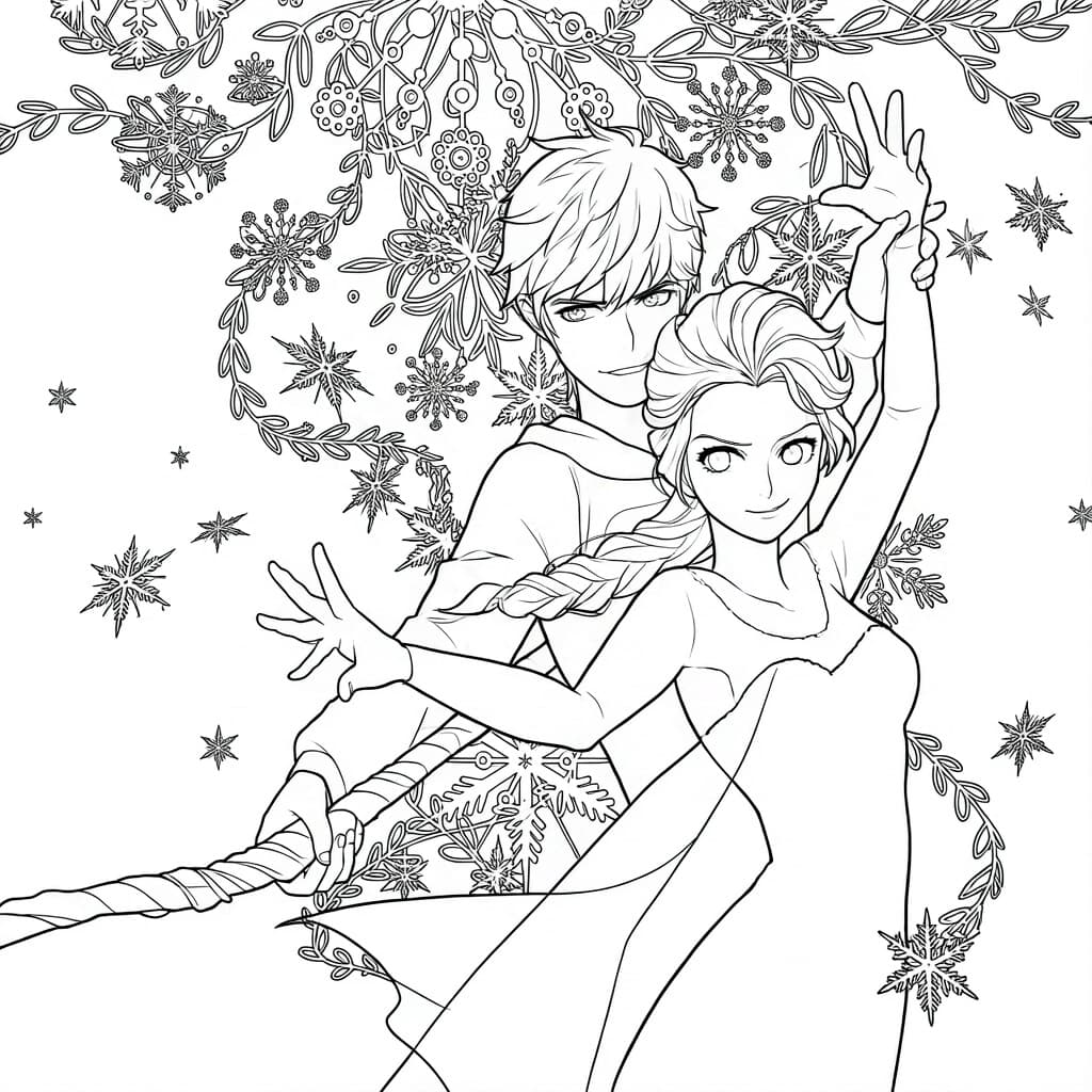 Elsa und Jack Frost mit Schneeflocken – kostenlose Malvorlage zum Ausdrucken
