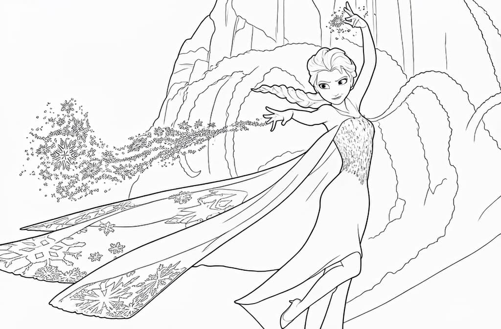 Prinzessin Elsa in der Eislandschaft – kostenlose Malvorlage zum Ausdrucken