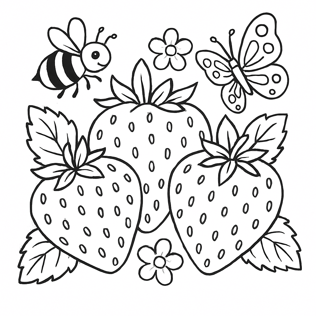 Erdbeeren mit Bienen und Schmetterlingen zum Ausmalen