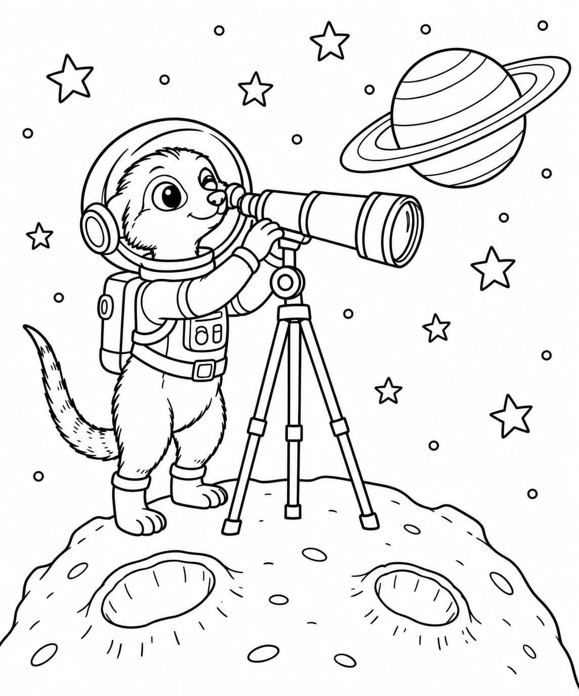Astronauten Erdmännchen mit Teleskop Ausmalbild