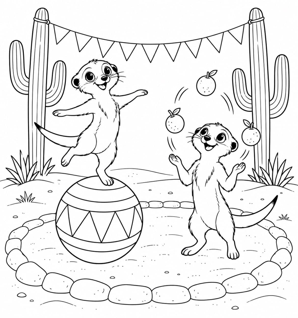 Erdmännchen im fantasievollen Wüstenzirkus Ausmalbild