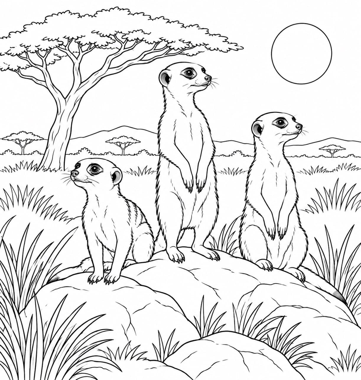 Drei Erdmännchen in der Savanne Ausmalbild