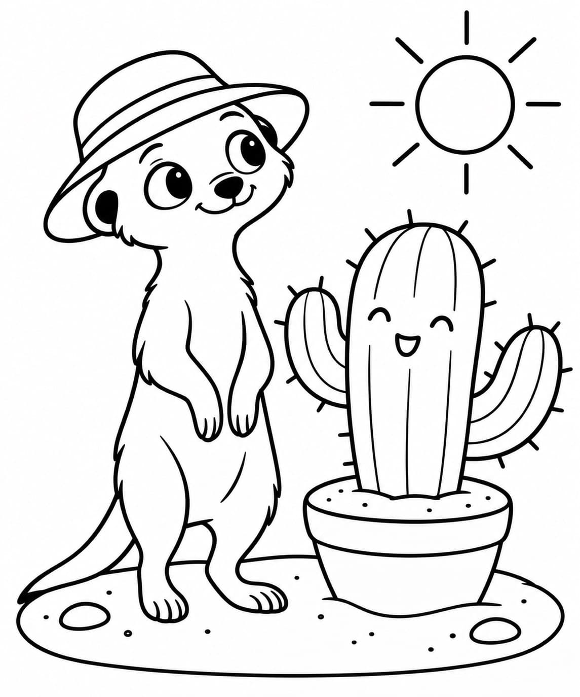 Erdmännchen mit Sonnenhut und Kaktus Ausmalbild