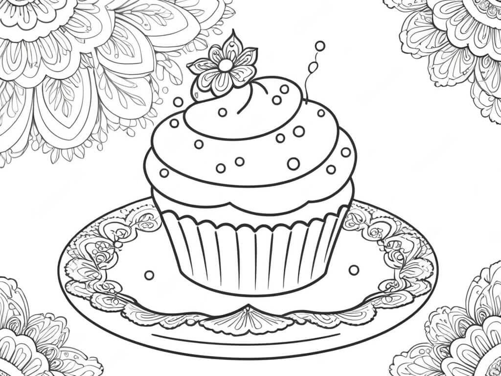 Cupcake auf dem Teller Ausmalbild