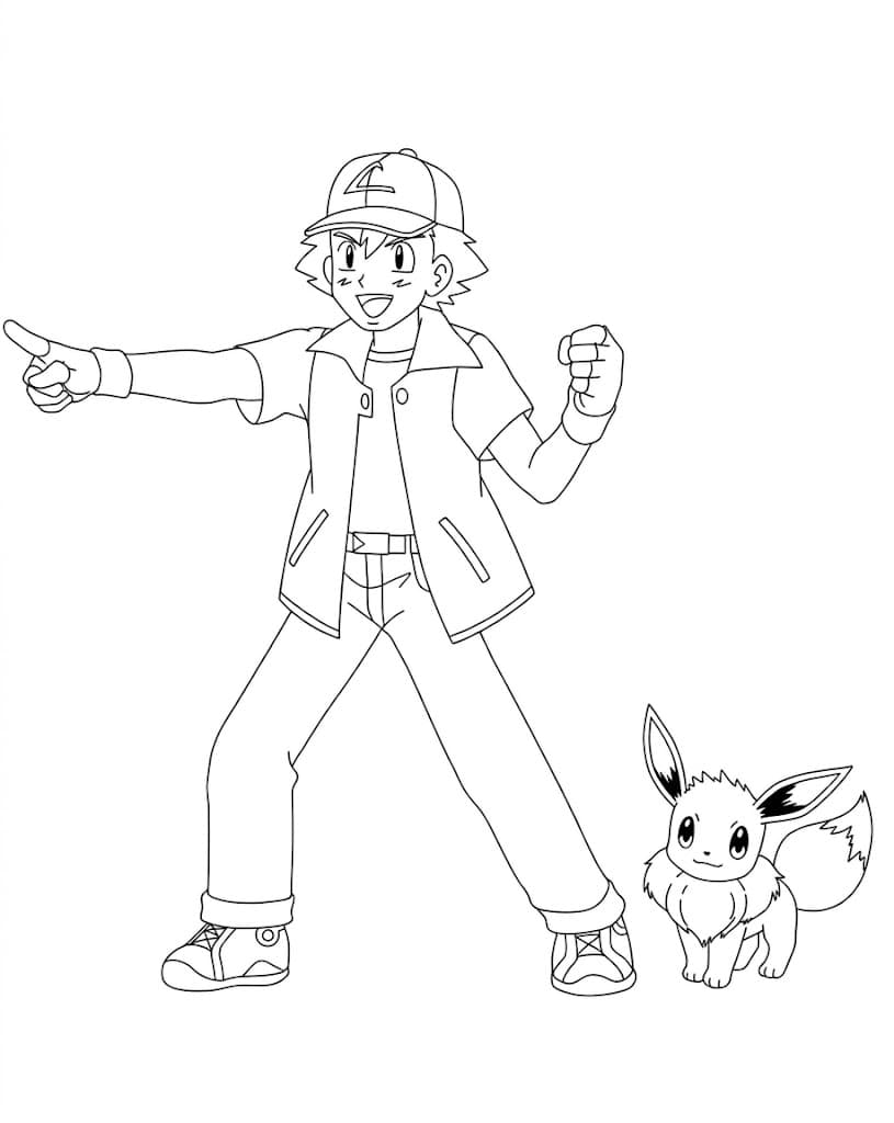 Ash und Evoli – kostenlose Pokémon-Malvorlage zum Ausdrucken