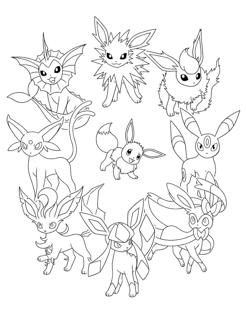 Collage mit Evolis Entwicklungen – kostenlose Pokémon-Malvorlage zum Ausdrucken