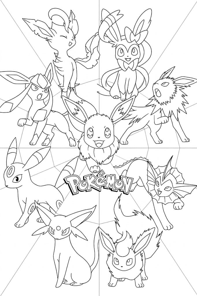 Gruppenbild mit Evolis Entwicklungen – kostenlose Pokémon-Malvorlage zum Ausdrucken