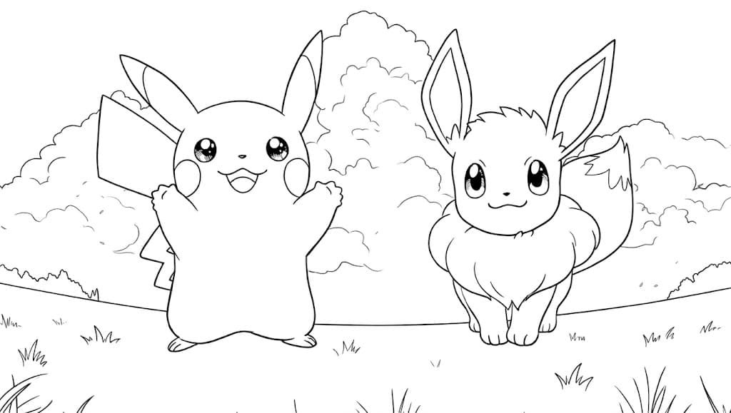 Evoli und Pikachu – kostenlose Pokémon-Malvorlage zum Ausdrucken