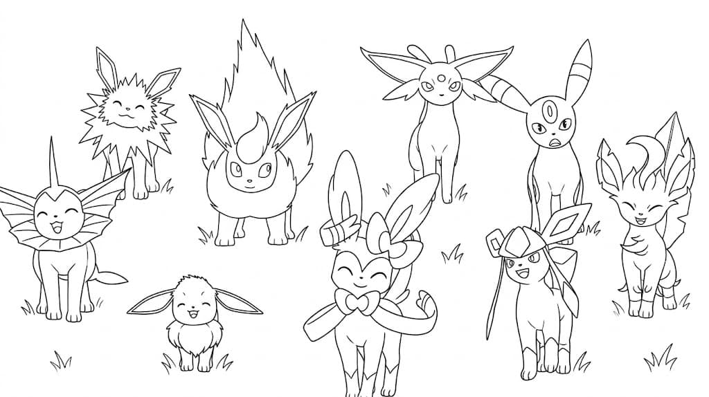 Evoli und seine Entwicklungen – kostenlose Pokémon-Malvorlage zum Ausdrucken