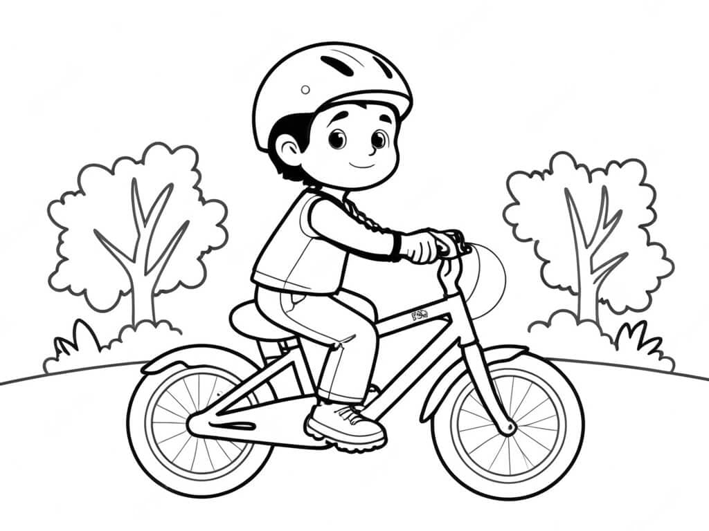 Junge fährt Fahrrad auf Wiese Ausmalbild