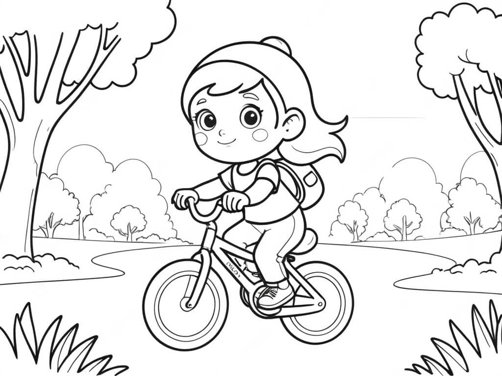 Mädchen kommt mit Fahrrad aus der Schule Ausmalbild