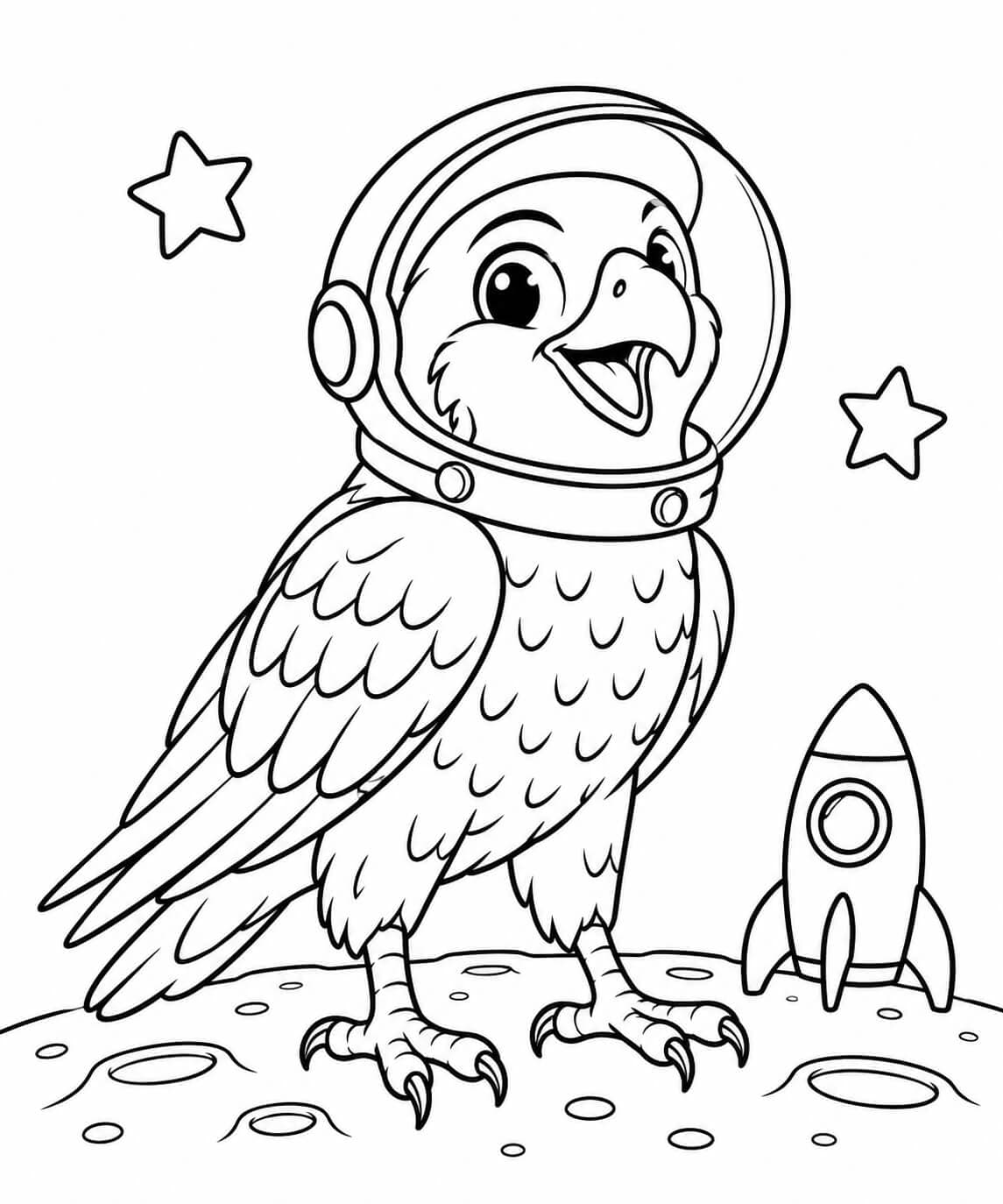 Falke als Astronaut auf dem Mond – Ausmalbild in Schwarz-Weiß