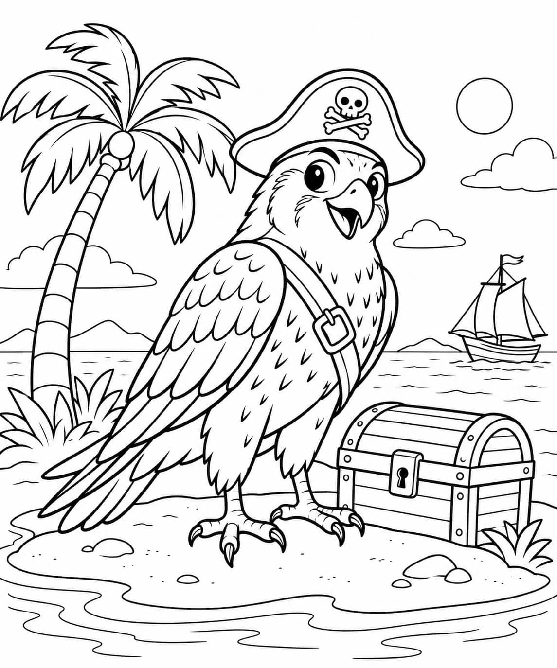 Piratenfalke auf einer Schatzinsel – Ausmalbild in Schwarz-Weiß