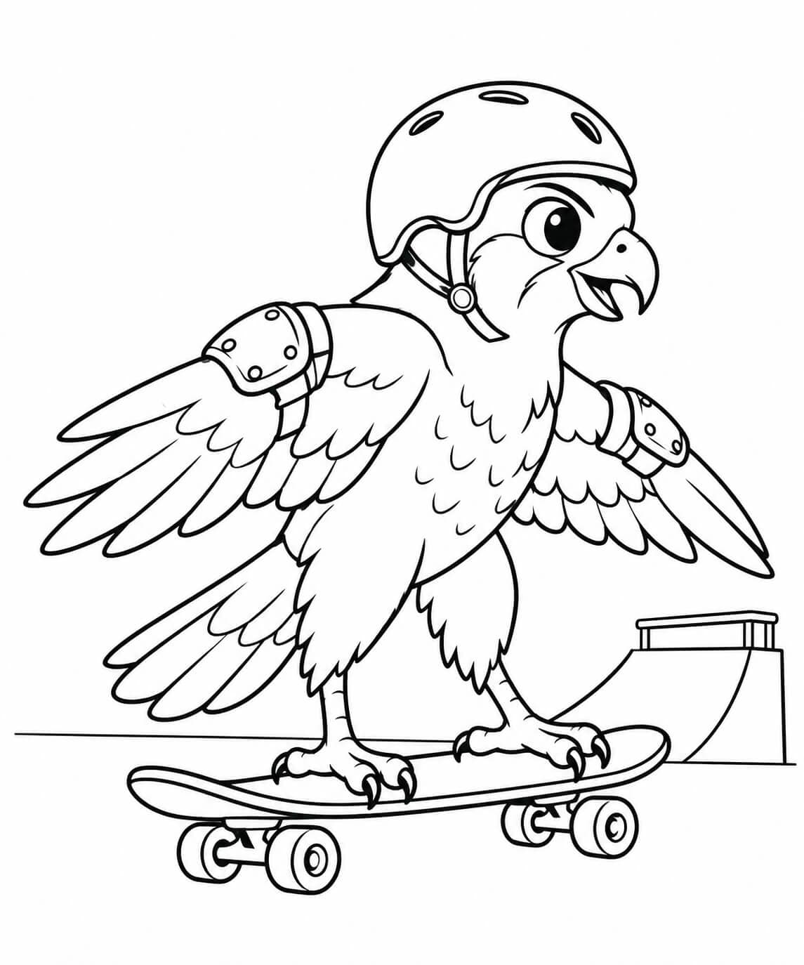 Falke auf dem Skateboard – Ausmalbild in Schwarz-Weiß