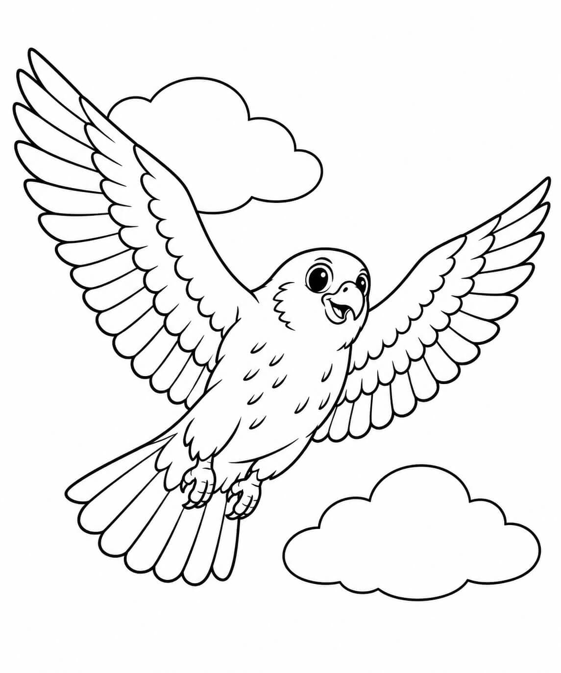 Falke fliegt zwischen Wolken – Ausmalbild in Schwarz-Weiß