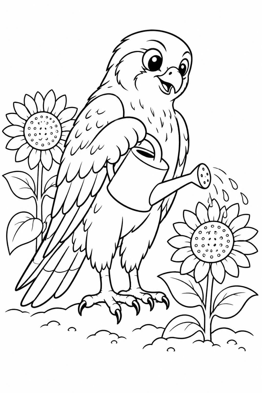 Falke gießt Sonnenblumen – Ausmalbild in Schwarz-Weiß