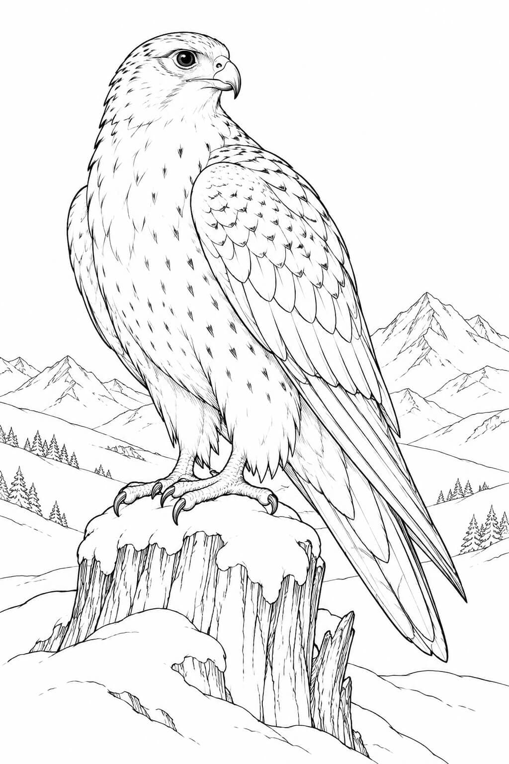 Realistischer Gerfalke im Schnee – Ausmalbild in Schwarz-Weiß