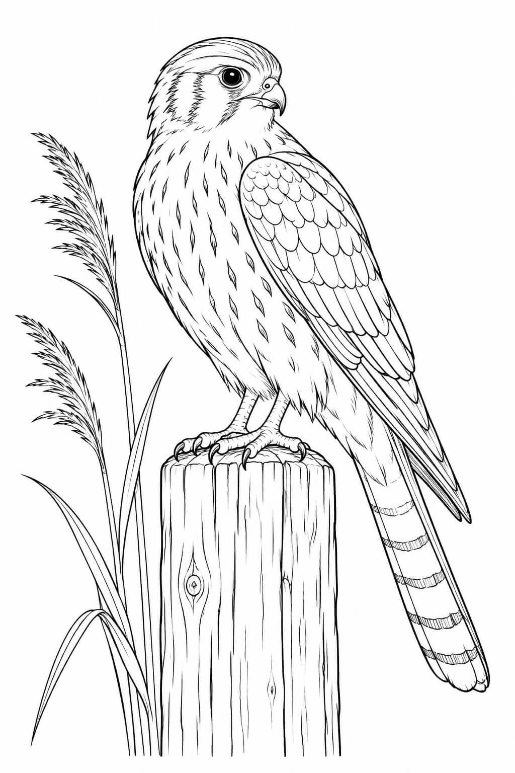 Realistischer Merlin auf einem Zaunpfahl – Ausmalbild in Schwarz-Weiß