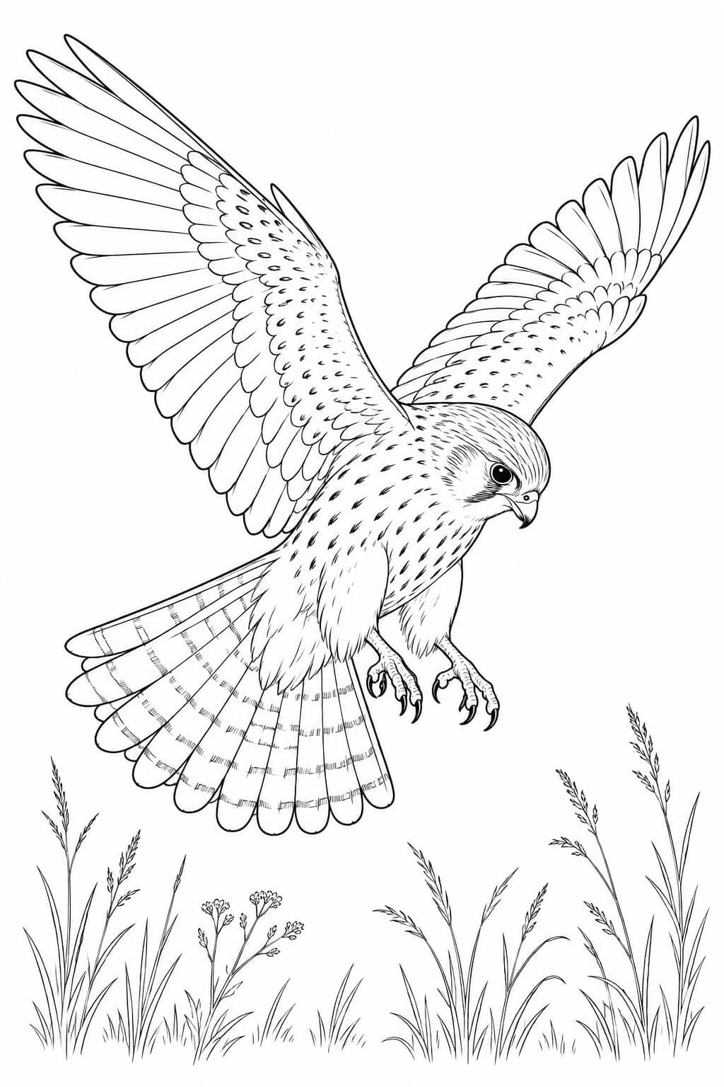 Realistischer Turmfalke im Rüttelflug – Ausmalbild in Schwarz-Weiß