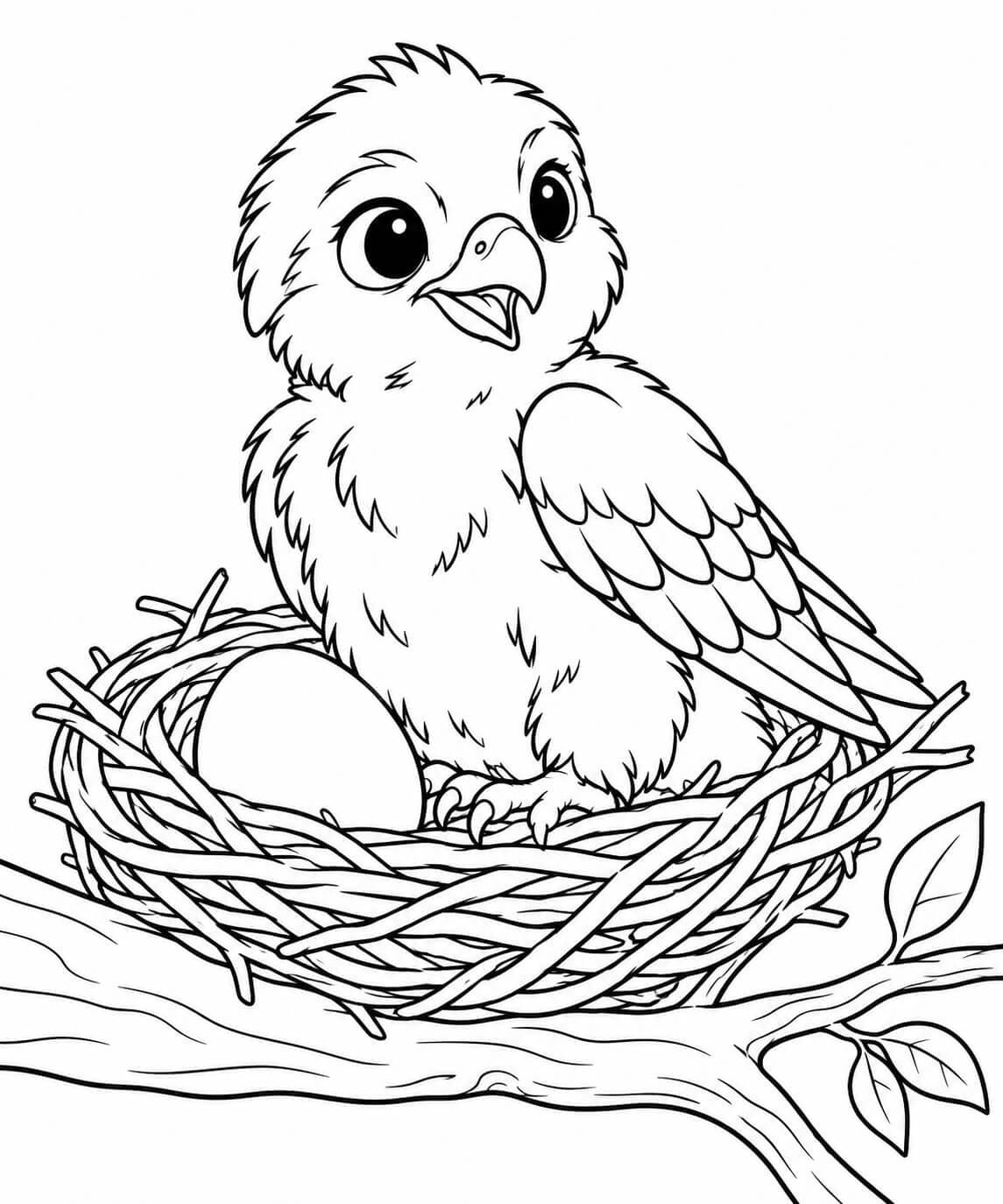 Kleines Turmfalkenküken im Nest – Ausmalbild in Schwarz-Weiß