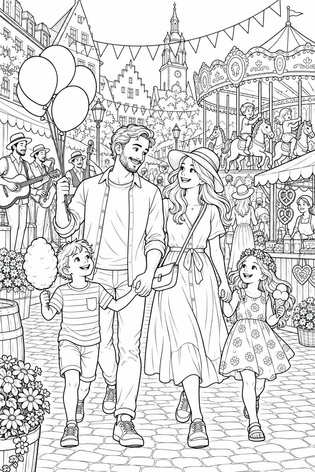 Familie auf einem fröhlichen Stadtfest Ausmalbild