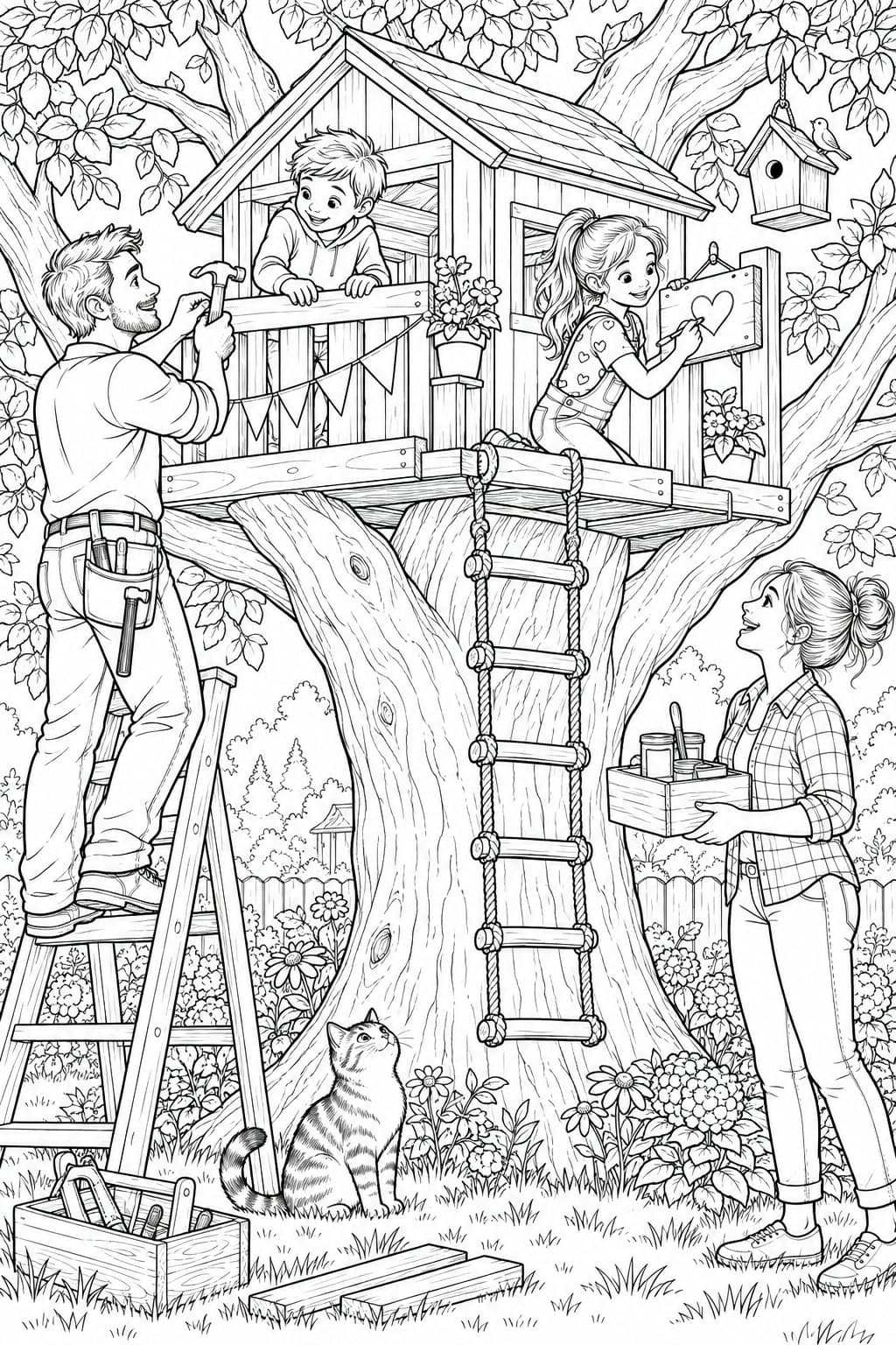 Familie baut gemeinsam ein Baumhaus Ausmalbild