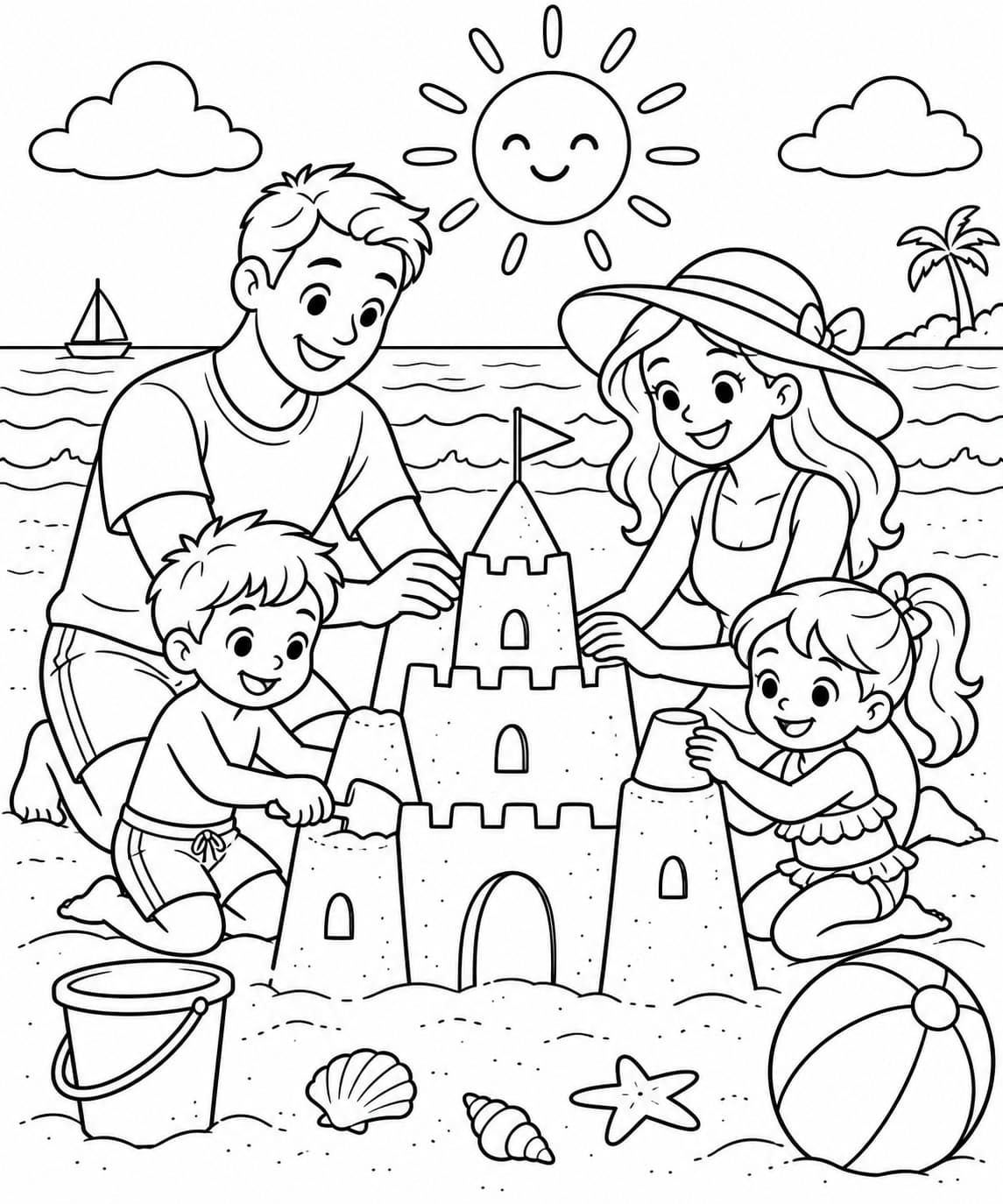 Familie baut Sandburg am Strand Ausmalbild