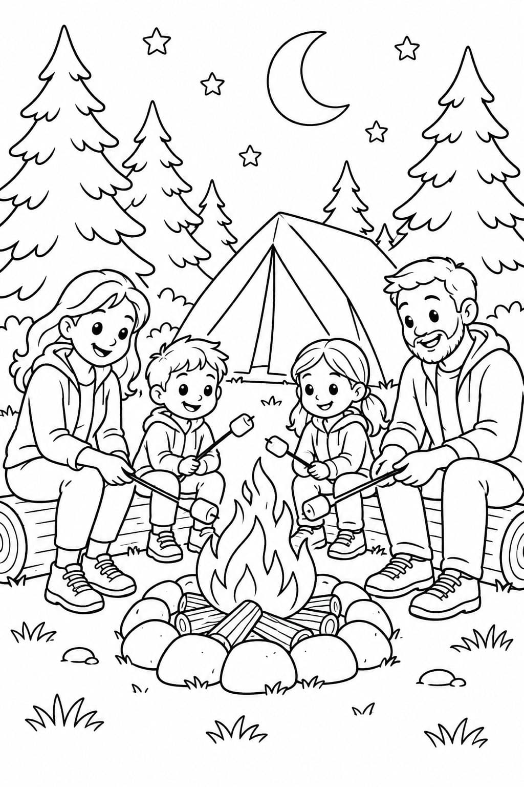 Familie beim Camping am Lagerfeuer Ausmalbild
