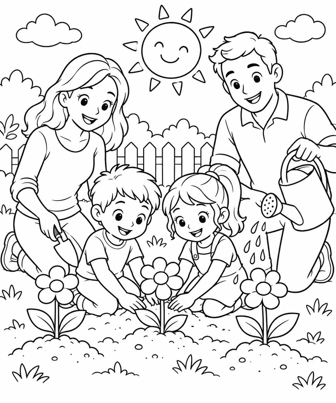 Familie pflanzt Blumen im Garten Ausmalbild