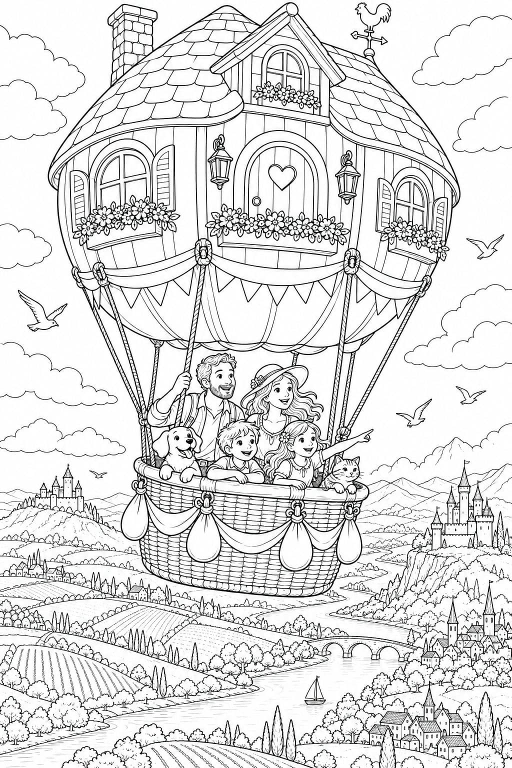 Familie im fantasievollen Haus-Heißluftballon Ausmalbild