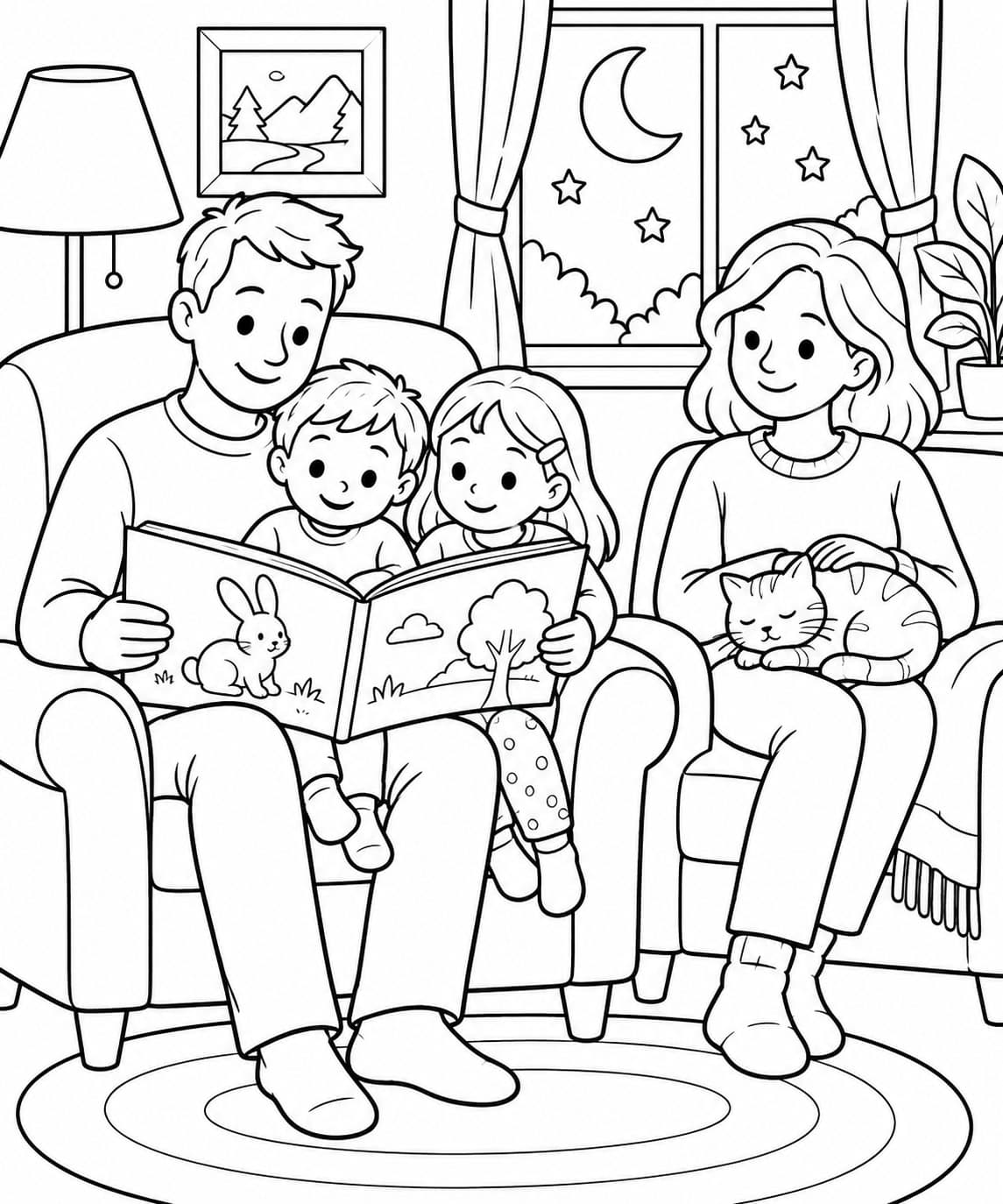 Familie liest Gute-Nacht-Geschichte Ausmalbild