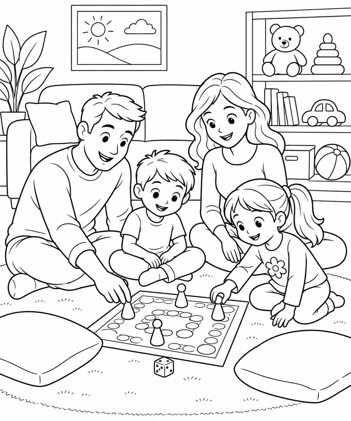 Familie spielt Brettspiel Ausmalbild