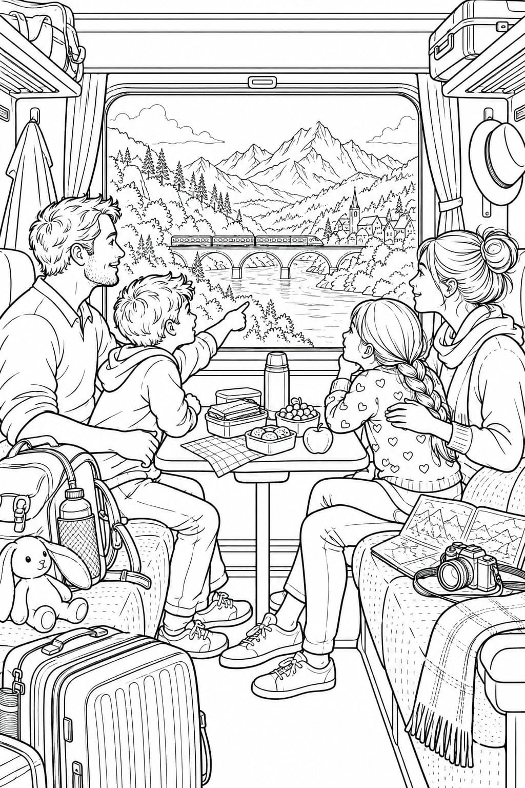 Familie reist mit dem Zug Ausmalbild