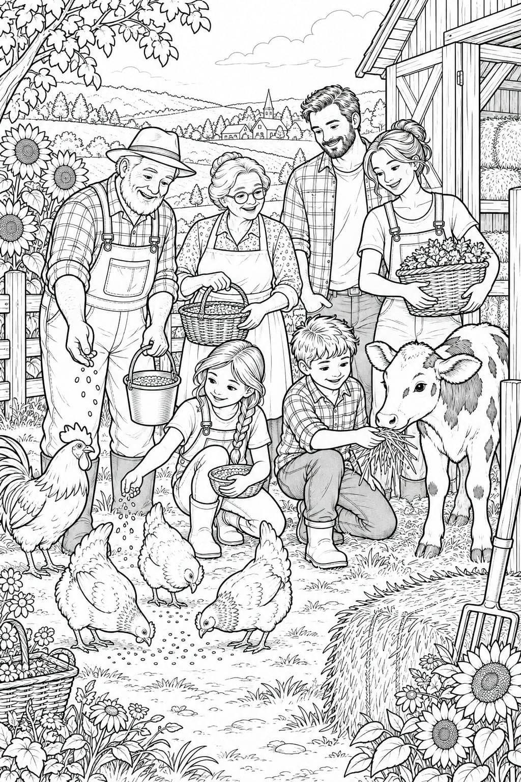 Großfamilie auf dem Bauernhof Ausmalbild