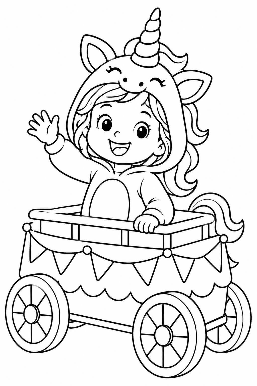 Einhorn auf dem Faschingswagen – einfache Malvorlage für Kinder