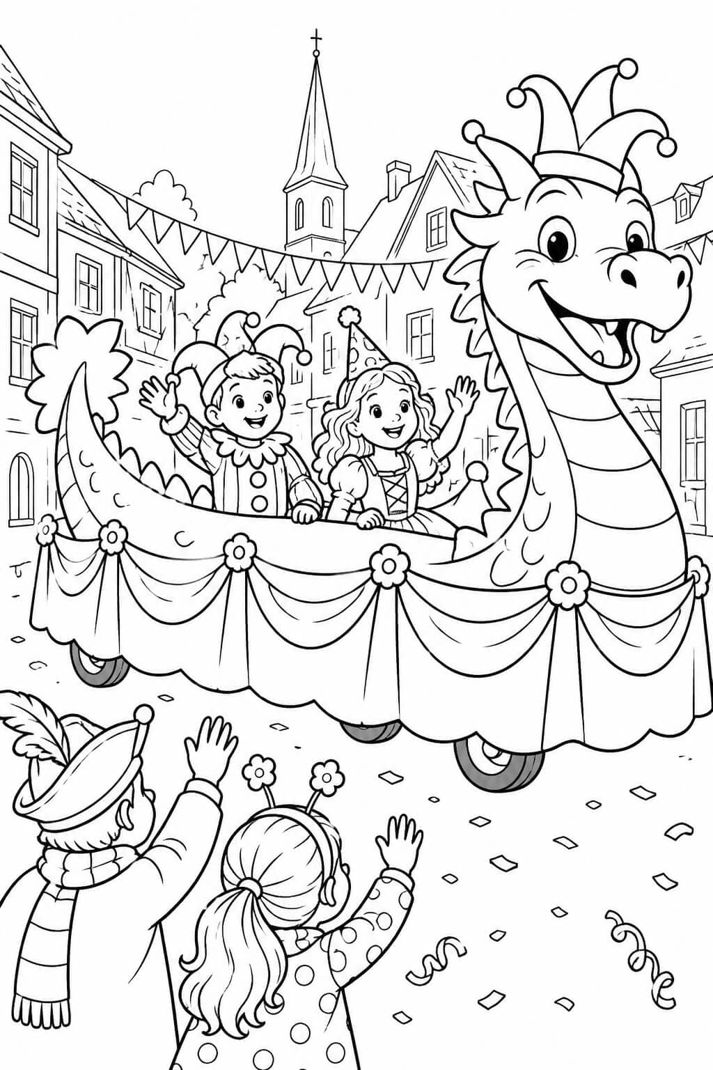 Faschingsumzug mit Drachenwagen – Faschingsszene zum Ausmalen
