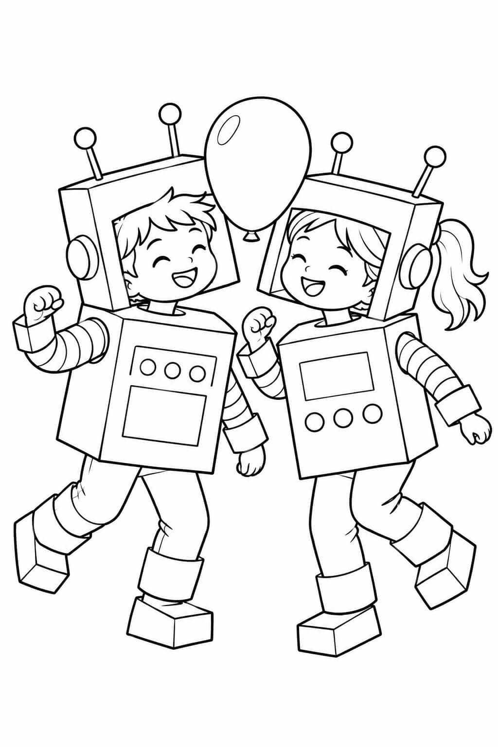 Roboter beim Luftballontanz – einfache Malvorlage für Kinder