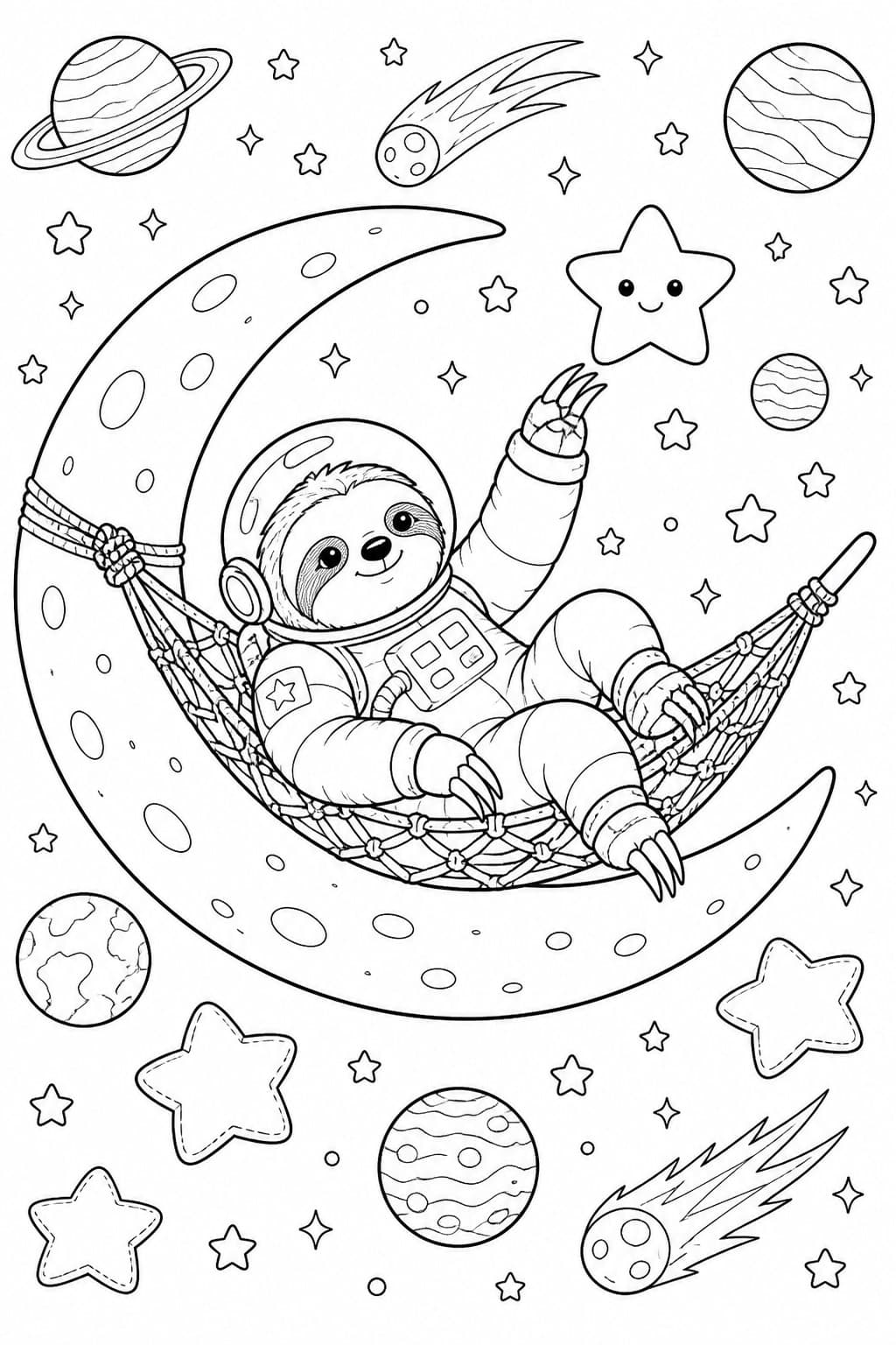 Astronauten Faultier in der Mondhängematte Ausmalbild