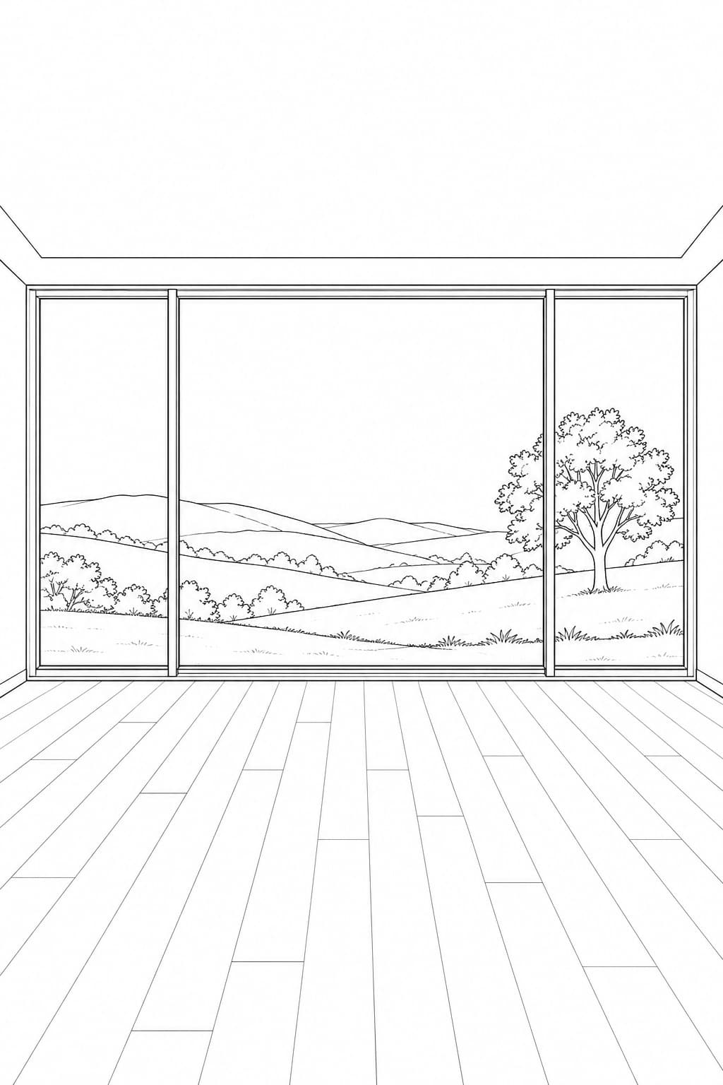 Realistisches Panoramafenster – Fenster Ausmalbild zum Ausdrucken