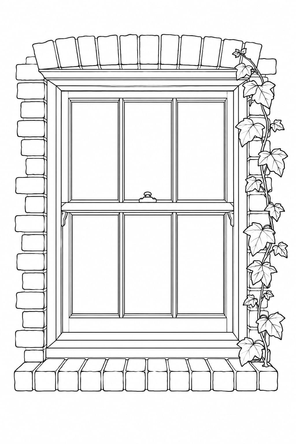 Realistisches Sprossenfenster mit Efeu – Fenster Ausmalbild zum Ausdrucken