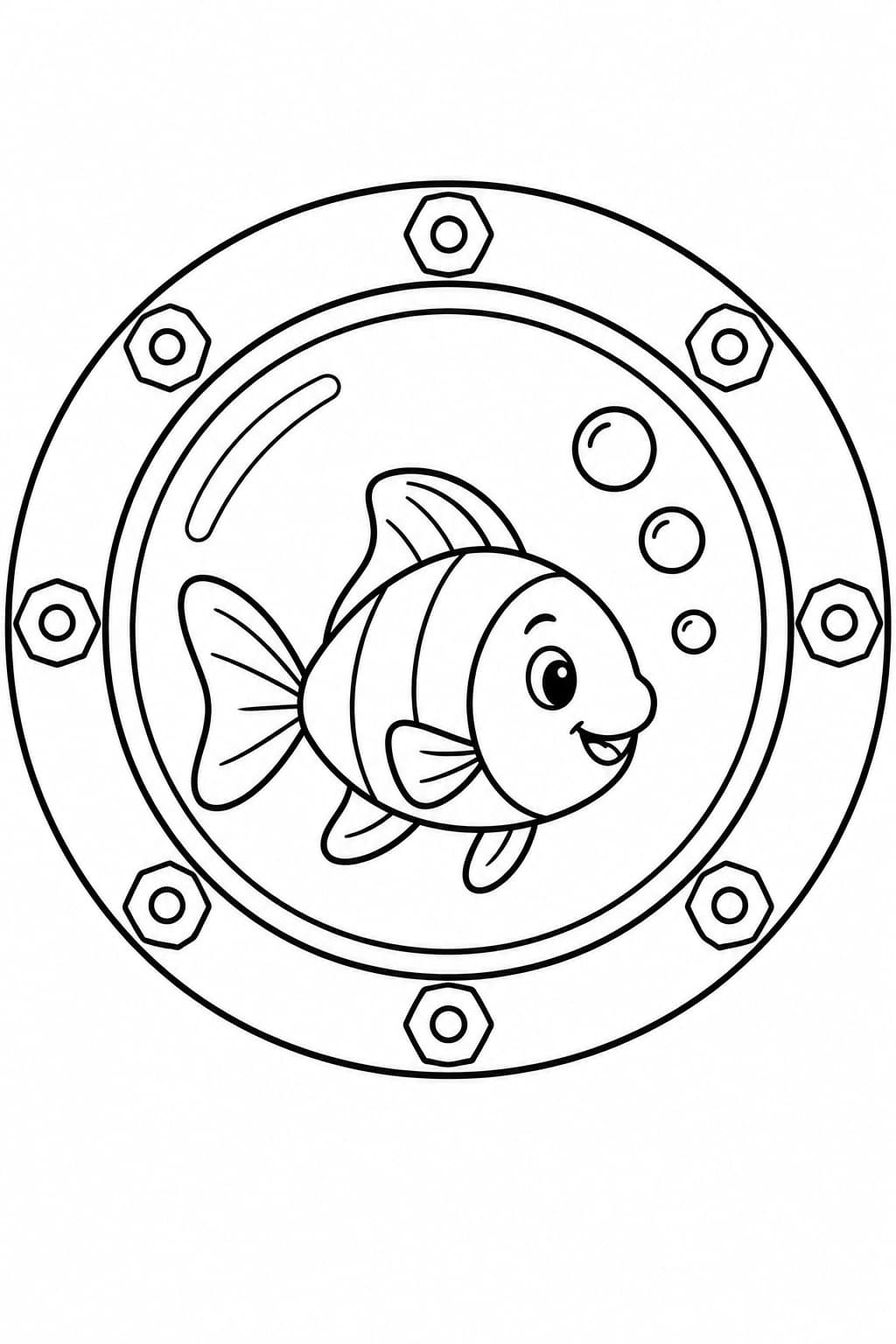 Rundes Schiffsfenster mit Fisch – Fenster Ausmalbild zum Ausdrucken