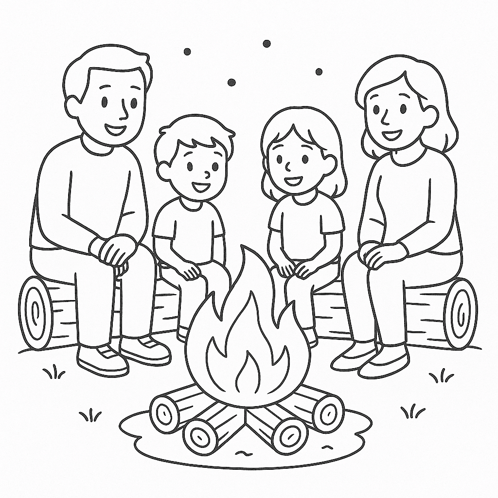 Familie am Lagerfeuer Ausmalbild