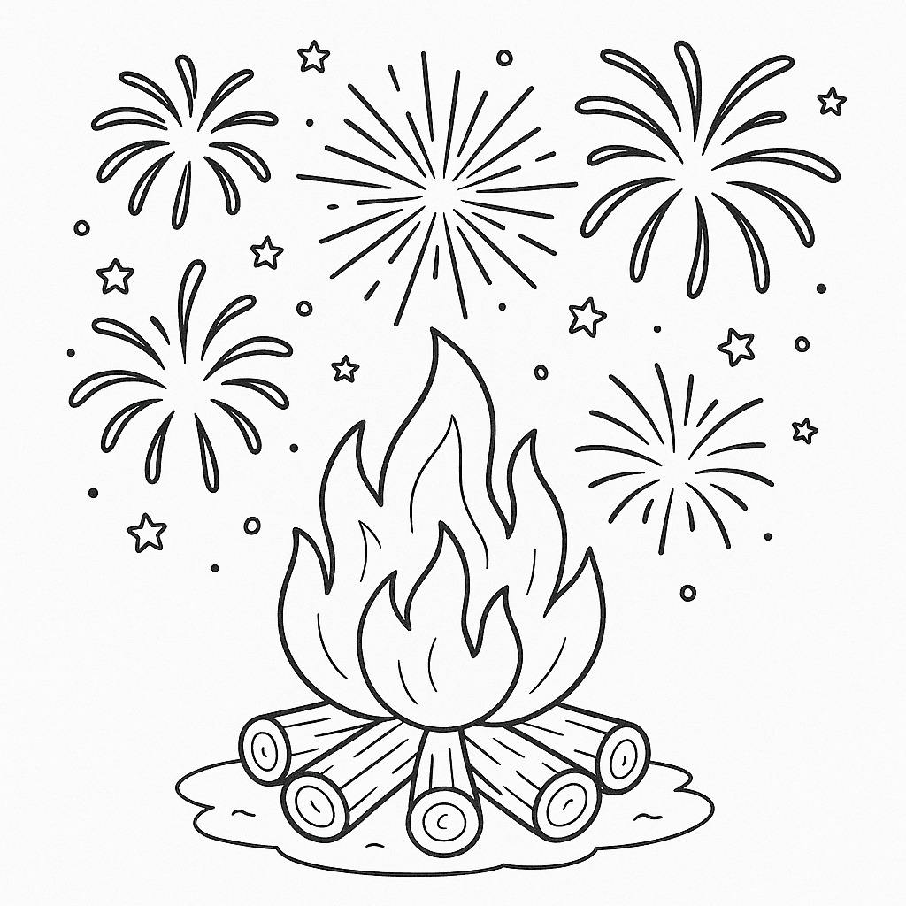 Lagerfeuer mit Feuerwerk Ausmalbild