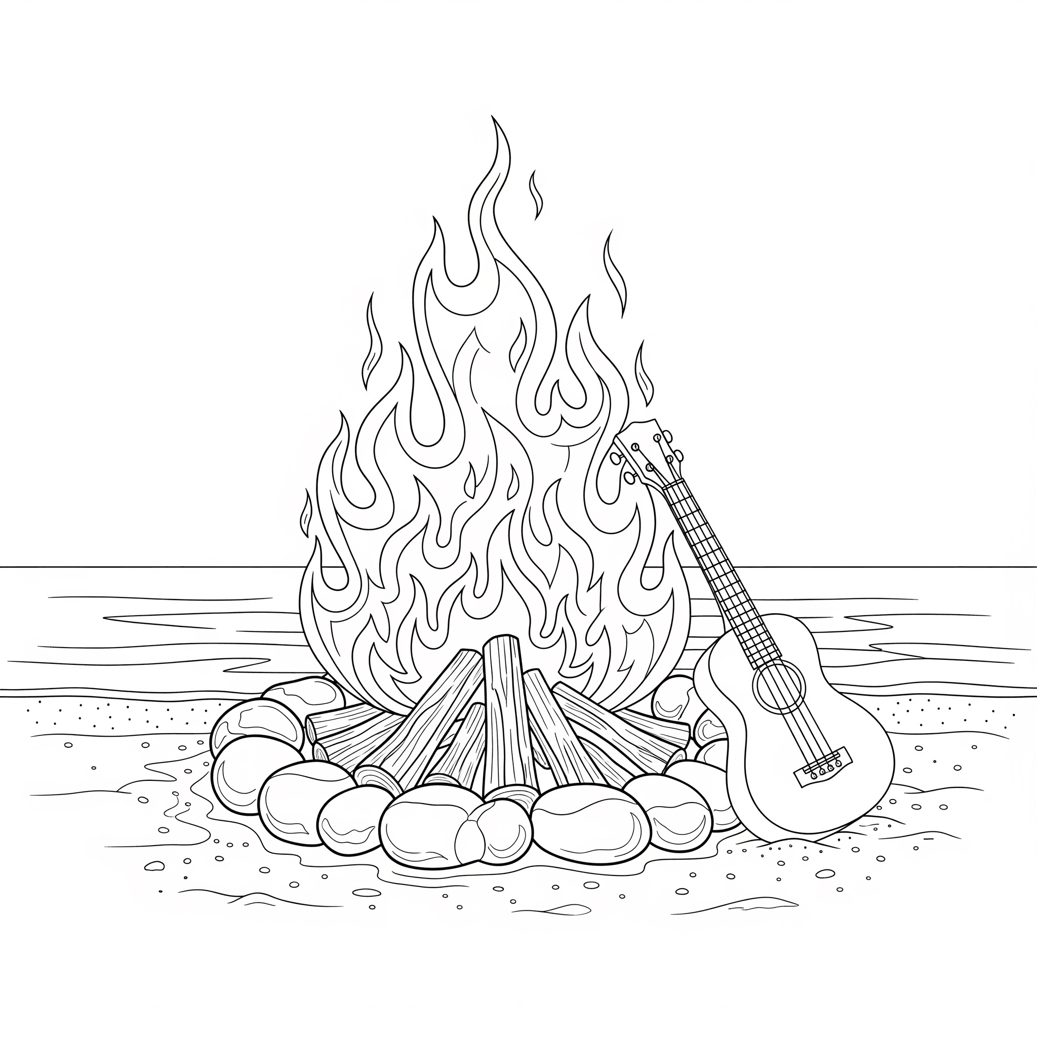 Lagerfeuer mit Gitarre Ausmalbild