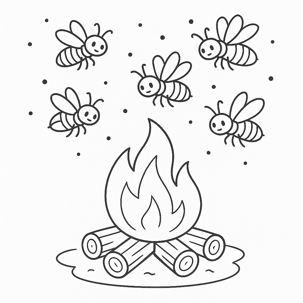 Lagerfeuer mit Glühwürmchen Ausmalbild