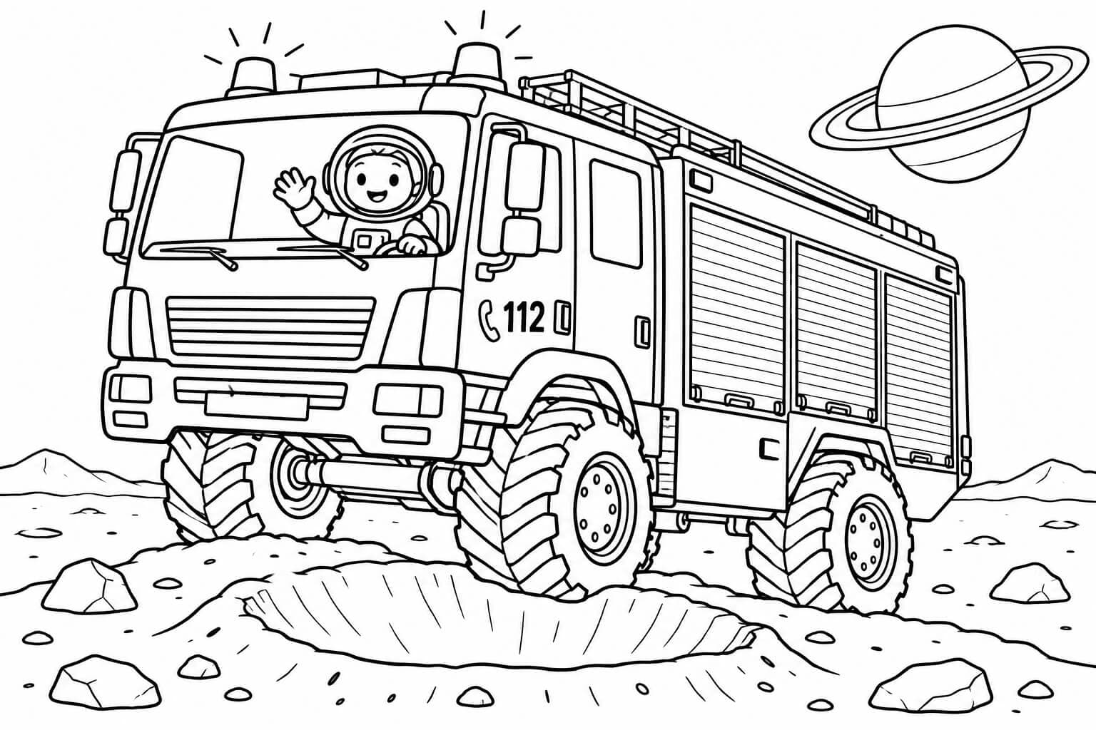 Feuerwehrauto auf dem Mond – Ausmalbild in Schwarz-Weiß
